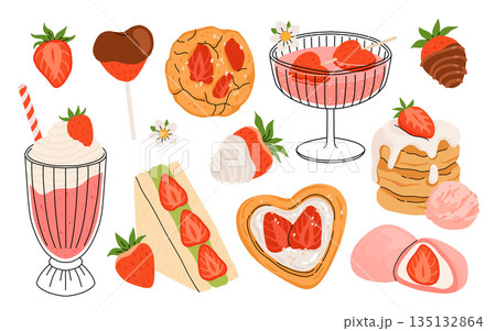 Strawberry set. Summer drinks, sweets and desserts with taste of strawberries. Chocolate strawberry, cookie, sandwich, mochi, cheesecake, tanghulu. Flat Vector illustration with flowers and leaves. Strawberry set. Summer drinks, sweets and desserts with taste of strawberries. Chocolate strawberry, cookie, sandwich, mochi, cheesecake, tanghulu. Flat Vector illustration with flowers and leaves. 135132864