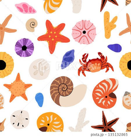 Seamless pattern with sea shells, mollusks, starfish. Tropical beach shells. Summer seamless pattern. Vector illustration in flat modern style 135132865