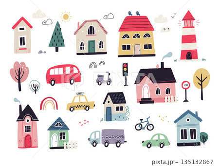 Colorful vector illustration, hand-drawn children simple set with cars, houses, trees in Scandinavian style on a white background. Children's set with cars. Transport. Road. City. Architecture. Colorful vector illustration, hand-drawn children simple set with cars, houses, trees in Scandinavian style on a white background. Children's set with cars. Transport. Road. City. Architecture. 135132867