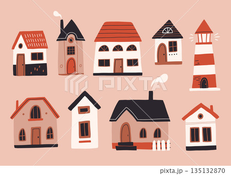 Cute houses, city buildings in Scandinavian style. Cosy town panorama with home exteriors, Scandi architecture. Urban street with chimneys, smoke. Flat vector illustration isolated on white background Cute houses, city buildings in Scandinavian style. Cosy town panorama with home exteriors, Scandi architecture. Urban street with chimneys, smoke. Flat vector illustration isolated on white background 135132870