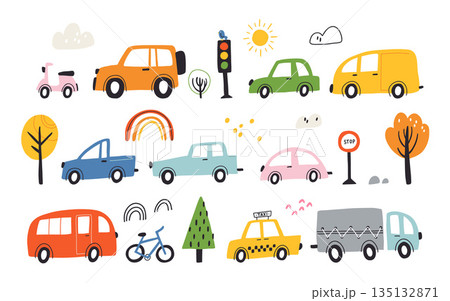 Set of different cute transport in flat style. Colorful cartoon simple vector illustrations in scandivaian style for kid's rooms, children's clothes, posters, invitation, cards, games. Set of different cute transport in flat style. Colorful cartoon simple vector illustrations in scandivaian style for kid's rooms, children's clothes, posters, invitation, cards, games. 135132871