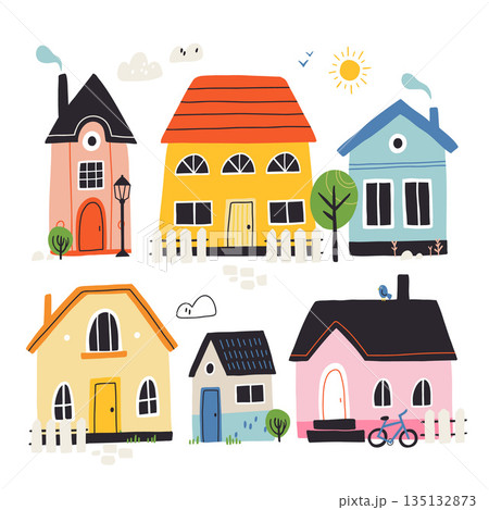 Vector illustration of cute cartoon houses. Traditional old buildings. Travel poster, postcards, greeting cards template. Hand drawn scandinavian style vector illustration. 135132873