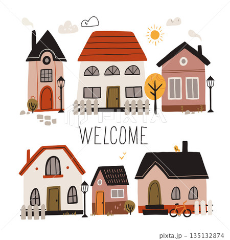 Vector illustration of cute cartoon houses. Traditional old buildings. Travel poster, postcards, greeting cards template. Hand drawn scandinavian style vector illustration. Vector illustration of cute cartoon houses. Traditional old buildings. Travel poster, postcards, greeting cards template. Hand drawn scandinavian style vector illustration. 135132874