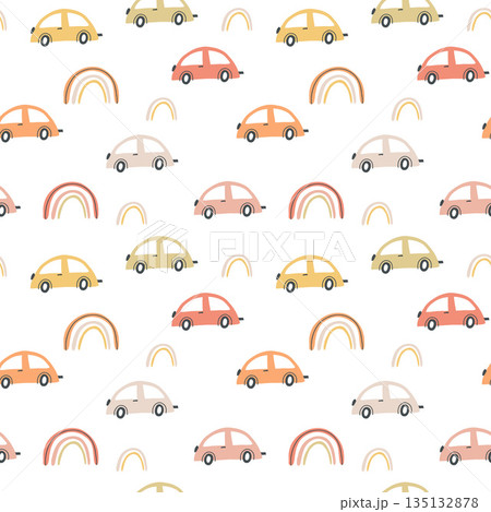 Seamless childish pattern with hand drawn cartoon cars. Creative kids texture for fabric, wrapping, textile, wallpaper, apparel. Vector illustration 135132878