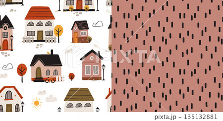 Seamless Scandinavian town pattern. Endless background with cute small houses, autumn trees. Repeating print of sweet homes in Nordic Scandi style. Repeatable texture. Colored flat vector illustration 135132881