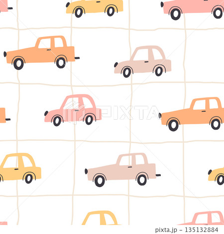 Seamless childish pattern with hand drawn cartoon cars. Creative kids texture for fabric, wrapping, textile, wallpaper, apparel. Vector illustration 135132884