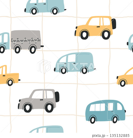 Seamless childish pattern with hand drawn cartoon cars. Creative kids texture for fabric, wrapping, textile, wallpaper, apparel. Vector illustration 135132885