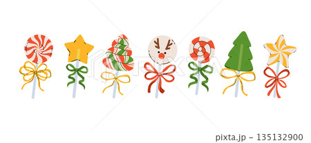 Traditional christmas sweets with bow on a white background. Set of christmas candy decoration. Merry Christmas. Flat cartoon vector illustration Traditional christmas sweets with bow on a white background. Set of christmas candy decoration. Merry Christmas. Flat cartoon vector illustration 135132900