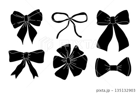 Set of various bows, gift ribbons. Bowknots in hand-drawn and flat styles. Fashionable vector illustration. Hair accessory. Bow knots for gift wrapping Set of various bows, gift ribbons. Bowknots in hand-drawn and flat styles. Fashionable vector illustration. Hair accessory. Bow knots for gift wrapping 135132903