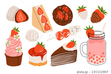 Strawberry set. Summer drinks, sweets and desserts with taste of strawberries. Chocolate strawberry, cookie, sandwich, mochi, cheesecake, tanghulu. Flat Vector illustration with flowers and leaves. 135132907