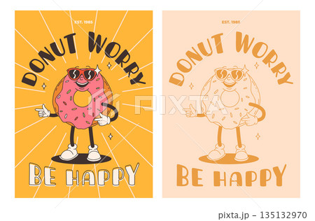 Set of fast food posters. Retro groovy cards with street food characters. Brochure with funky groovy burger, french fries, soda, ice cream, donut, pie, coffee to go, sandwich. Fast food delivery 135132970