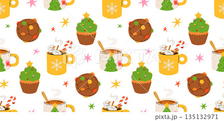 Seamless Christmas pattern with cacao drink, ginger cookie, present and lollipop. Vector illustration for textile, postcard, wrapping paper, poster, background, book, t-shirt. Seamless Christmas pattern with cacao drink, ginger cookie, present and lollipop. Vector illustration for textile, postcard, wrapping paper, poster, background, book, t-shirt. 135132971