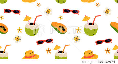 Seamless pattern with summer Icons for tropical vacation. Flat vector seasonal collection with ice cream, pineapple, tropic leaves, plumeria, watermelon, surfboard, beach accessories, swimsuit Seamless pattern with summer Icons for tropical vacation. Flat vector seasonal collection with ice cream, pineapple, tropic leaves, plumeria, watermelon, surfboard, beach accessories, swimsuit 135132974