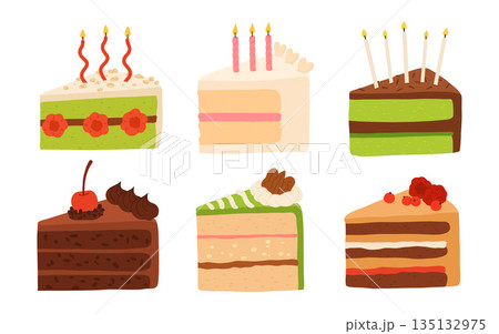 Birthday cake slices set. Sweet holiday bakery pieces collection. Pastry chocolate fruit, green matcha, kiwi, berry dessert with candles for breakfast. Vector hand drawn flat cartoon illustration Birthday cake slices set. Sweet holiday bakery pieces collection. Pastry chocolate fruit, green matcha, kiwi, berry dessert with candles for breakfast. Vector hand drawn flat cartoon illustration 135132975
