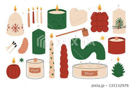 Candles. Vector set of paraffin or wax candles with fire. Festive decoration for Christmas, Advent, Birthday, Halloween, New Year, Festival. Simple vector illustration. Flat trendy abstract style. Candles. Vector set of paraffin or wax candles with fire. Festive decoration for Christmas, Advent, Birthday, Halloween, New Year, Festival. Simple vector illustration. Flat trendy abstract style. 135132976