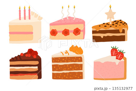 Birthday cake slices set. Sweet holiday bakery pieces collection. Pastry chocolate fruit, berry dessert with candles for breakfast. Vector hand drawn flat cartoon illustration Birthday cake slices set. Sweet holiday bakery pieces collection. Pastry chocolate fruit, berry dessert with candles for breakfast. Vector hand drawn flat cartoon illustration 135132977
