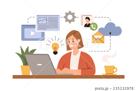 Working at home vector flat style illustration. Online career. Home office illustration. Young woman freelancer working on laptop or computer at home. Business woman at home in quarantine Working at home vector flat style illustration. Online career. Home office illustration. Young woman freelancer working on laptop or computer at home. Business woman at home in quarantine 135132978
