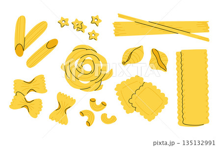 Pasta collection isolated on white background. Vector flat cartoon macaroni illustration. Italian cuisine, food icons and design elements set. 135132991