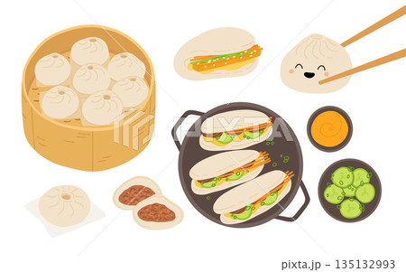 Vector illustration of Taiwanese snack Gua bao. A piece of stewed meat with cucumber and green onion in steamed bao buns. Asian cuisine wallpaper for menu, packaging, cafe, restaurant. 135132993