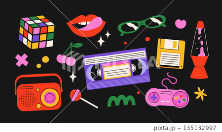 Classic 80s back to 90s elements in modern flat style. Hand drawn sticker set, vector illustration. Fashion patch, badge, emblem with vintage accessories. 135132997