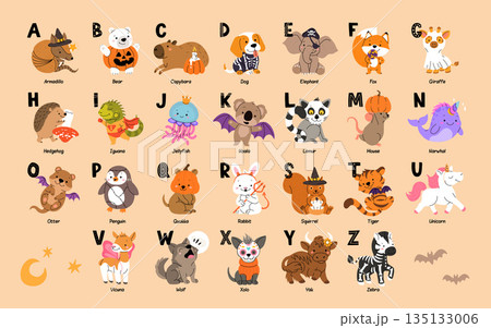 Cute Animals in halloween costumes and accessories, alphabet for kids education. Funny hand drawn style characters. Vector illustration for halloween. Cute Animals in halloween costumes and accessories, alphabet for kids education. Funny hand drawn style characters. Vector illustration for halloween. 135133006
