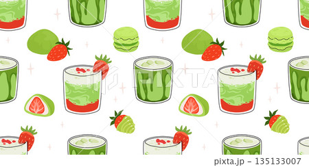 Japanese Matcha Food. Seamless pattern with Matcha Cheesecake and Matcha Tea. Vegan japanese green tea pastries and drink. Repeated Vector background, wrapping paper. Baked tart with green tea flavor. 135133007