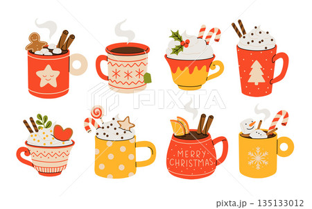 Christmas and Happy New Year set. Mugs of cacao with whipped cream, marshmallow and candy cane. Greeting card for Xmas, New year or winter holidays. Vector design template. Christmas and Happy New Year set. Mugs of cacao with whipped cream, marshmallow and candy cane. Greeting card for Xmas, New year or winter holidays. Vector design template. 135133012