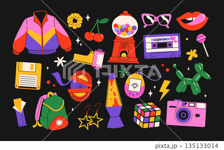 Classic 80s back to 90s elements in modern flat style. Hand drawn sticker set, vector illustration. Fashion patch, badge, emblem with vintage accessories. Classic 80s back to 90s elements in modern flat style. Hand drawn sticker set, vector illustration. Fashion patch, badge, emblem with vintage accessories. 135133014