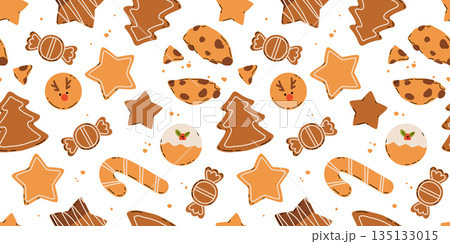 Christmas Gingerbread Cookies seamless pattern. Winter sweet homemade biscuits in different shapes. Christmas Gingerbread Cookies seamless pattern. Winter sweet homemade biscuits in different shapes. 135133015