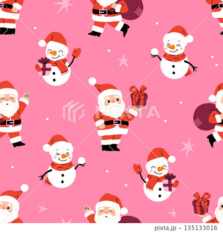Seamless pattern with Santa Claus with bag of presents, snowman and gifts. Suitable for design of cards, banners, stickers, etc 135133016