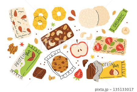 Nuts and dried fruit hand drawn collection, icons of healthy vegan snacks, vector illustrations of nut protein bar, dried banana, pineapple, almond, fruit mix. Cartoon healthy snack Nuts and dried fruit hand drawn collection, icons of healthy vegan snacks, vector illustrations of nut protein bar, dried banana, pineapple, almond, fruit mix. Cartoon healthy snack 135133017