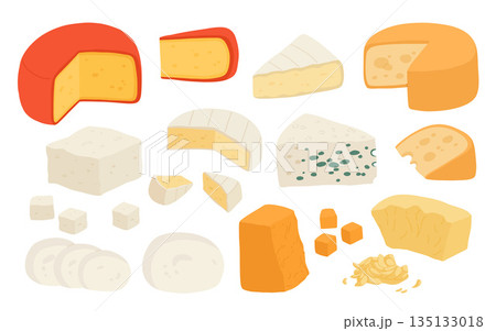 Various types of cheese set realistic vector illustration. Cottage cheeses collection isolated on white background. Curd product for design, recipe book, advertising or restaurant menu 135133018