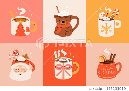 Christmas hot drink collection. Flat cartoon beverages. Holiday cute mugs with hot cocoa, coffee, and mulled wine. New year drinks decorated with sweets and candy. Isolated vector illustration 135133019
