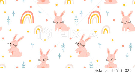Lovely hand drawn Easter seamless pattern with bunnies, doodles, flowers, easter eggs, beautiful background. Suitable for Easter cards, banner, textiles, wallpapers. 135133020