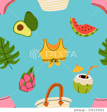 Seamless pattern with summer Icons for tropical vacation. Flat vector seasonal collection with ice cream, pineapple, tropic leaves, plumeria, watermelon, surfboard, beach accessories, swimsuit 135133022