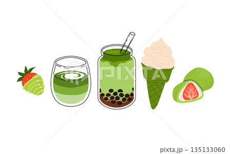 Matcha tea, latte, iced matcha. Vector set with japanese matcha desserts. Collection with mochi, cake and roll cake, pancakes, macaron, soft serve ice cream, matcha tart and cupcake with strawberry. Matcha tea, latte, iced matcha. Vector set with japanese matcha desserts. Collection with mochi, cake and roll cake, pancakes, macaron, soft serve ice cream, matcha tart and cupcake with strawberry. 135133060