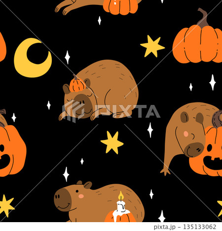 Vector seamless pattern with cute capybara in a pumpkin hat, with jack o lantern, capybara laying with pumpkin and candle, crescent moon and stars.. Charming cozy picture of halloween capybara. 135133062