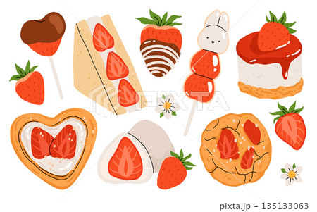 Strawberry set. Summer sweets and desserts with taste of strawberries. Chocolate strawberry, cookie, sandwich, mochi, cheesecake, tanghulu. Flat Vector illustration with flowers and leaves. 135133063