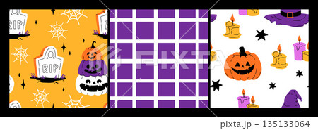 Purple, orange yellow and black seamless prints with Halloween decorative elements - ghost, pumpkin, sculls. Cute vector characters, decor objects - sweets, pumpkin, witch, ghost, bat. Pattern design 135133064