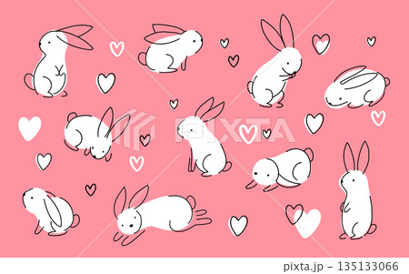 Set of Easter bunny in simple one line style. Colored Rabbit icon. Continuous line drawing of easter rabbit black and white minimalist hand drawn vector illustration. Isolated on white background. 135133066
