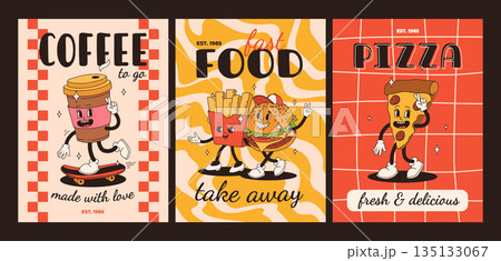 Cartoon fast food poster. Retro groovy cards with mascot food characters. Brochure design with quote text for cafe. Banner with funky groovy burger, french fries, soda, ice cream. Fast food delivery 135133067