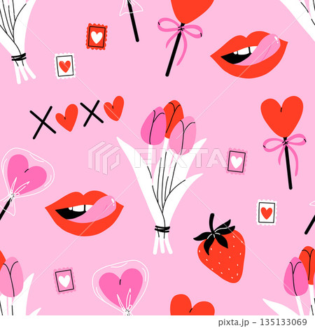 Valentine's Day seamless pattern with heart and other elements. Valentine's day, wedding and love concept. Vector background for wrapping paper, textile and others 135133069