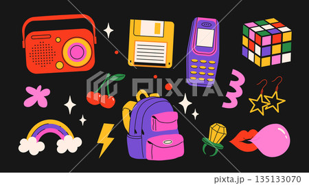 Classic 80s back to 90s elements in modern flat style. Hand drawn sticker set, vector illustration. Fashion patch, badge, emblem with vintage accessories. Classic 80s back to 90s elements in modern flat style. Hand drawn sticker set, vector illustration. Fashion patch, badge, emblem with vintage accessories. 135133070