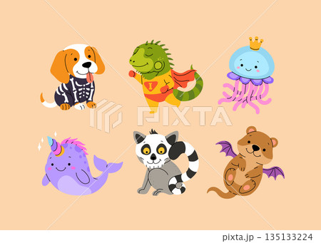 Happy Halloween day cute animal vector. Cartoon collection of animals with halloween costumes, skeleton, skull, bat wings, crown, unicorn. Adorable animal characters in autumn festival Happy Halloween day cute animal vector. Cartoon collection of animals with halloween costumes, skeleton, skull, bat wings, crown, unicorn. Adorable animal characters in autumn festival 135133224