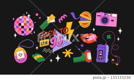 Classic 80s back to 90s elements in modern flat style. Hand drawn sticker set, vector illustration. Fashion patch, badge, emblem with vintage accessories. 135133230