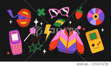 Classic 80s back to 90s elements in modern flat style. Hand drawn sticker set, vector illustration. Fashion patch, badge, emblem with vintage accessories. Classic 80s back to 90s elements in modern flat style. Hand drawn sticker set, vector illustration. Fashion patch, badge, emblem with vintage accessories. 135133238