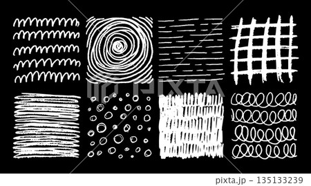 Chalk stroke pattern. white crayon doodle scrawl. Hand drawn sketch texture with chalk lines. Cross or parallel hatch. White grunge backgrounds. Vector square hatching shapes set 135133239