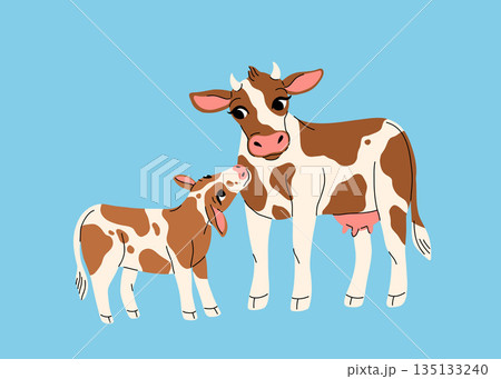 Brown spotted white mama cow with her calf together. Hand drawn cartoon farm animals. Cute illustration for children book isolated on light blue background. 135133240