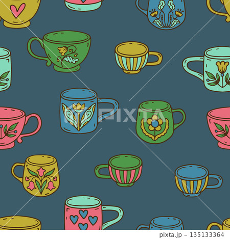 Hygge doodle coffee cups seamless pattern. Cozy scandi mugs line art wallpaper 135133364