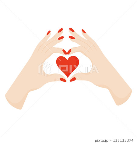 Female hands making heart shape gesture with red heart symbol for Valentines Day or love concept. Female hands making heart shape gesture with red heart symbol for Valentines Day or love concept. 135133374